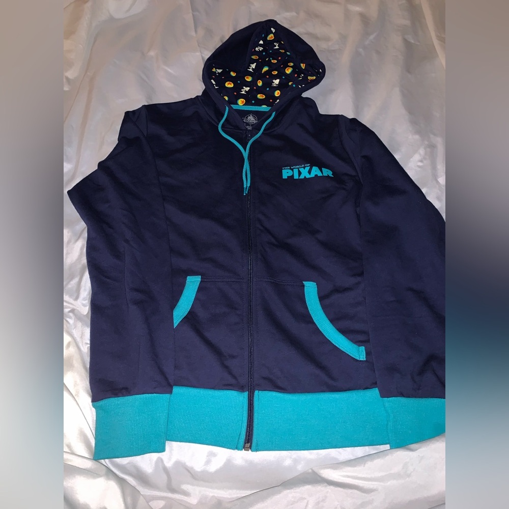 Disney parks world of Pixar Women's Navy and Teal Hoodie sweatshirt
